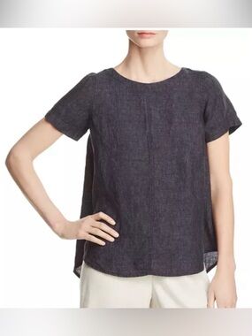 Eileen Fisher Organic Linen Boxy High Low Top Gray Minimalist Coastal Chic S